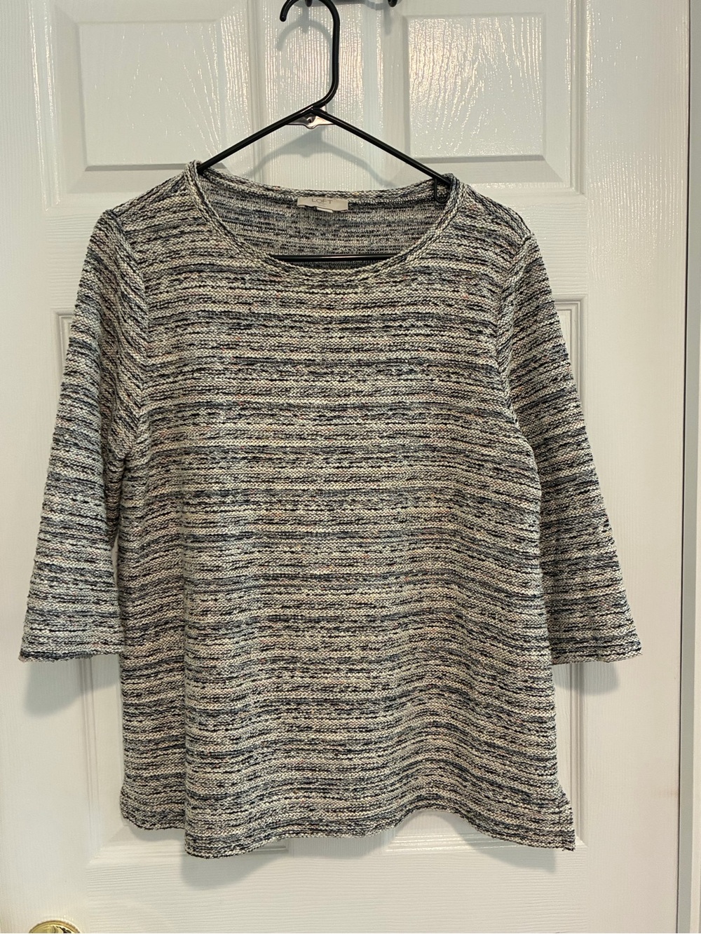 LOFT Textured Petite Pullover Black Gray Striped Knit Boatneck Large Sweatshirt